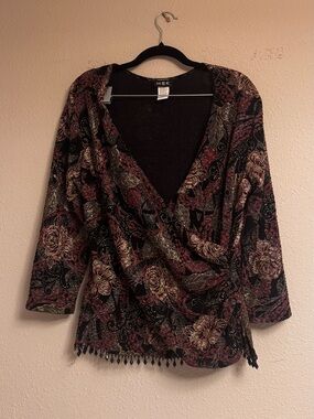 Vintage MSK Black Floral Wrap Sweater with Burgundy and Gold Accents